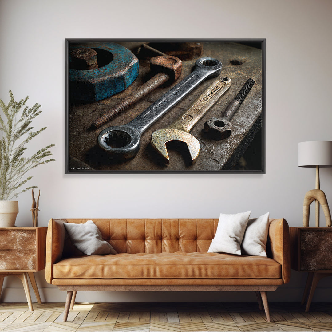 Wrench and Bolts Arranged Like Old Master Framed Canvas Print, Garage Art, Car Art, Garage Decor, Motor, Garage Art Poster, GAR-3x2-70