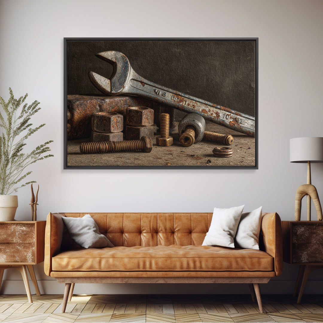 Wrench and Bolts Arranged Like Old Master Canvas Print, Garage Art, Industrial Wall Art, Garage Decor, Abstract Art, Motor, GAR-3x2-94