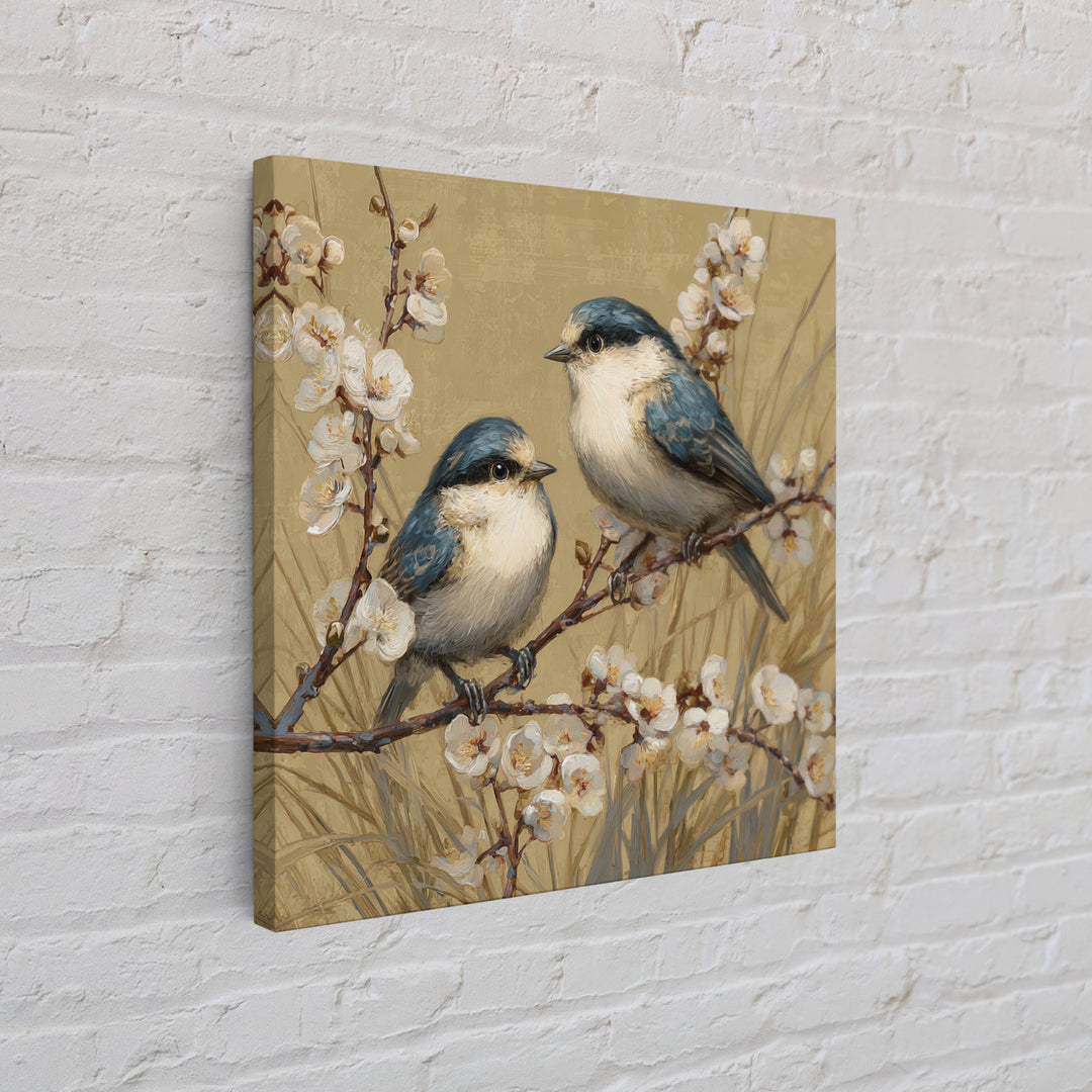 Small Bird Pair on Flowering Branch Framed Canvas Print, Guest Bedroom Art, Living Room Wall Art, Bedroom Decor, Watercolor Art, GBA-1x1-52