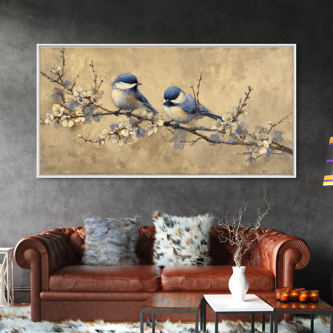 Small Bird Pair on Flowering Branch Framed Canvas Print, Guest Bedroom Art, Bedroom Decor, Oil Painting, Guest, GBA-2x1-24