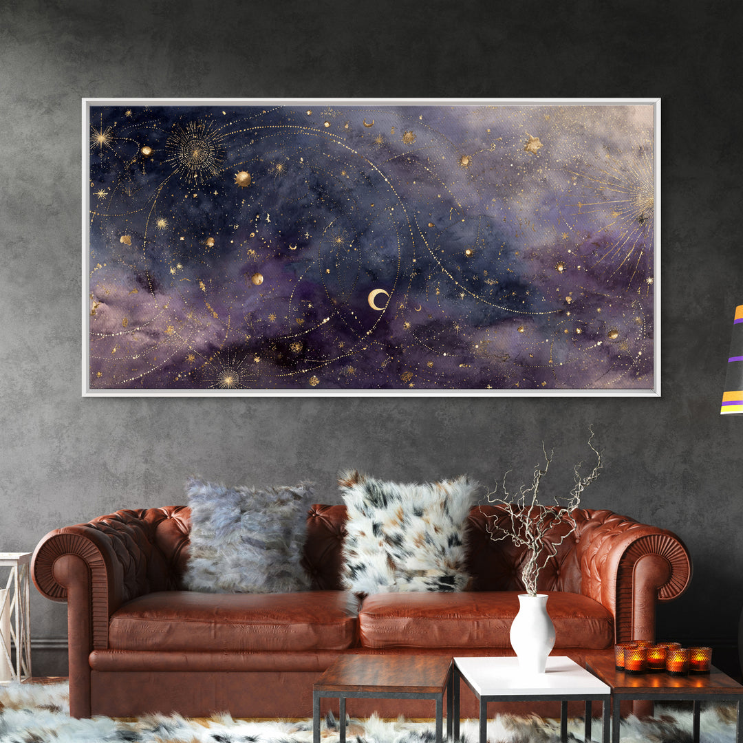 Minimal Moon and Stars Composition Framed Canvas Print, Guest Bedroom Art, Print, Bedroom Decor, Oil Painting, Guest, GBA-2x1-60
