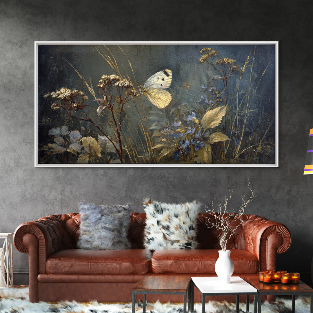 Garden Butterfly and Flowers Specimen Study Framed Canvas Print, Guest Bedroom Art, Farmhouse Wall Art, Bedroom Decor, Guest, GBA-2x1-67