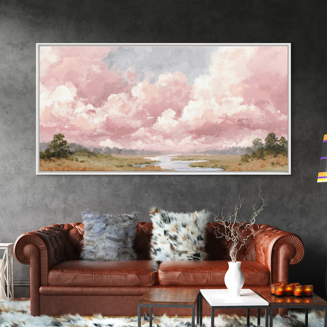 Romantic Cloudscape in Blush and Ivory Framed Canvas Print, Guest Bedroom Art, Poster, Bedroom Decor, Fine Art, Guest, GBA-2x1-7