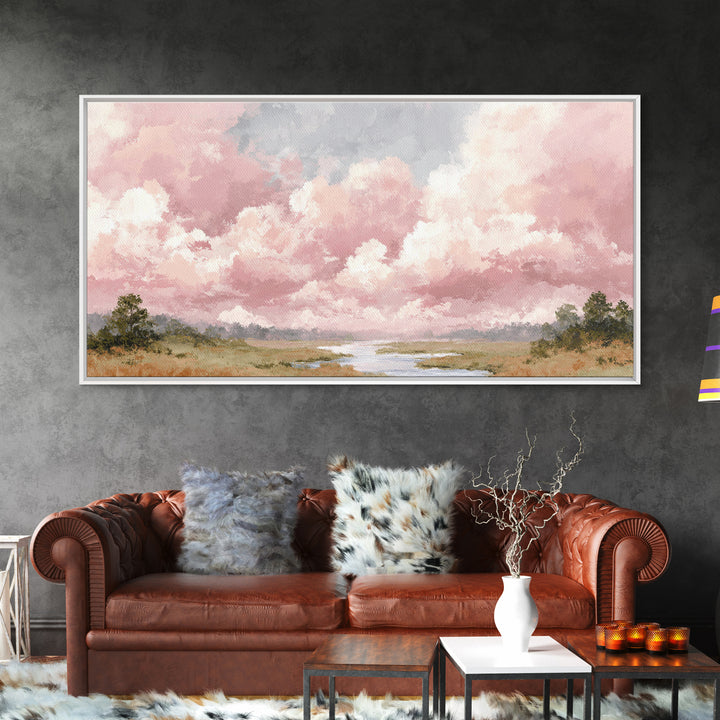 Romantic Cloudscape in Blush and Ivory Framed Canvas Print, Guest Bedroom Art, Poster, Bedroom Decor, Fine Art, Guest, GBA-2x1-7