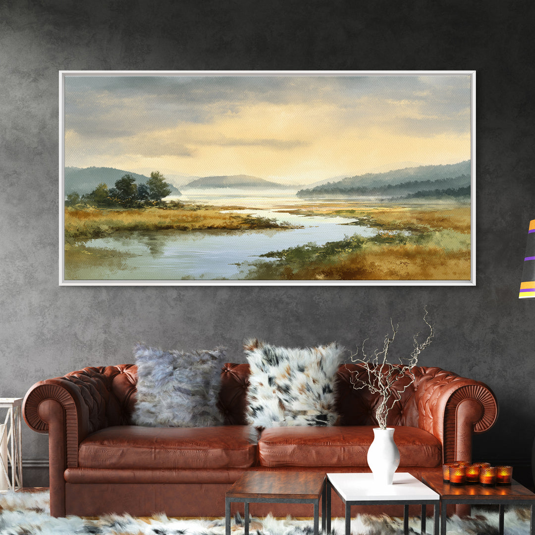 Quiet Lake Landscape at Early Morning Canvas Print, Guest Bedroom Art, Wall Decor, Bedroom Decor, Oil Painting, Guest, GBA-2x1-70
