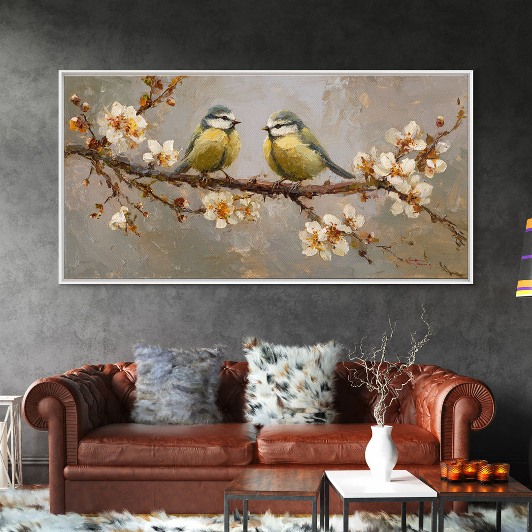 Small Bird Pair on Flowering Branch Framed Canvas Print, Guest Bedroom Art, Bedroom Decor, Watercolor Art, Guest, GBA-2x1-72