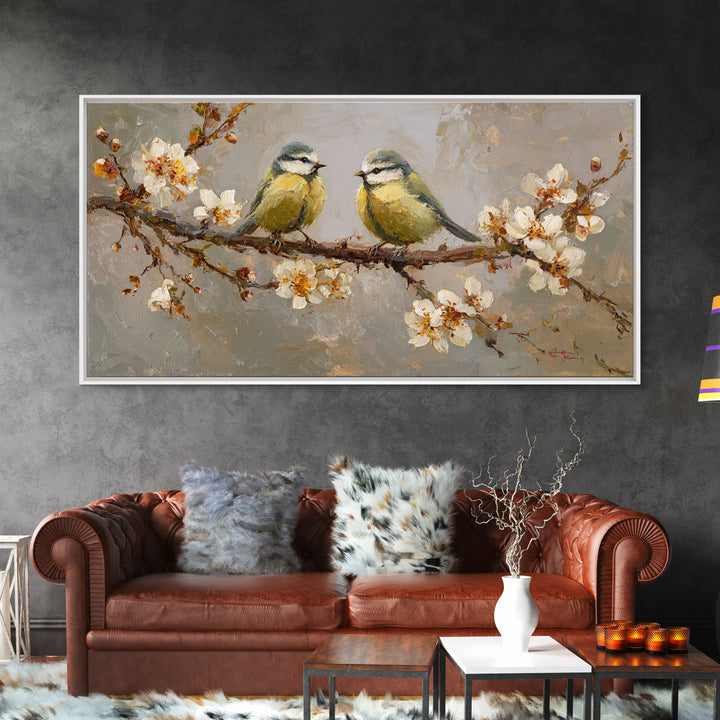 Small Bird Pair on Flowering Branch Framed Canvas Print, Guest Bedroom Art, Bedroom Decor, Watercolor Art, Guest, GBA-2x1-72