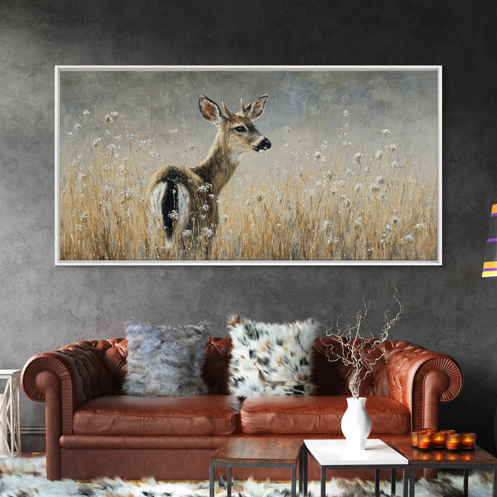 Sunlit Meadow with Delicate Flowers Framed Canvas Print, Guest Bedroom Art, Bedroom Decor, Oil Painting, Guest, GBA-2x1-83