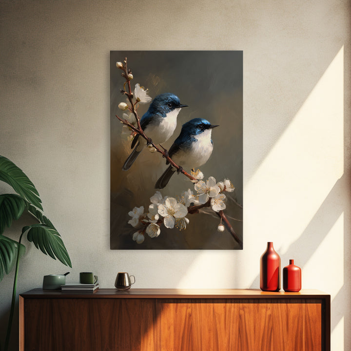 Small Bird Pair on Flowering Branch Framed Canvas Print, Guest Bedroom Art, Minimalist Decor, Bedroom Decor, Fine Art, Guest, GBA-2x3-12