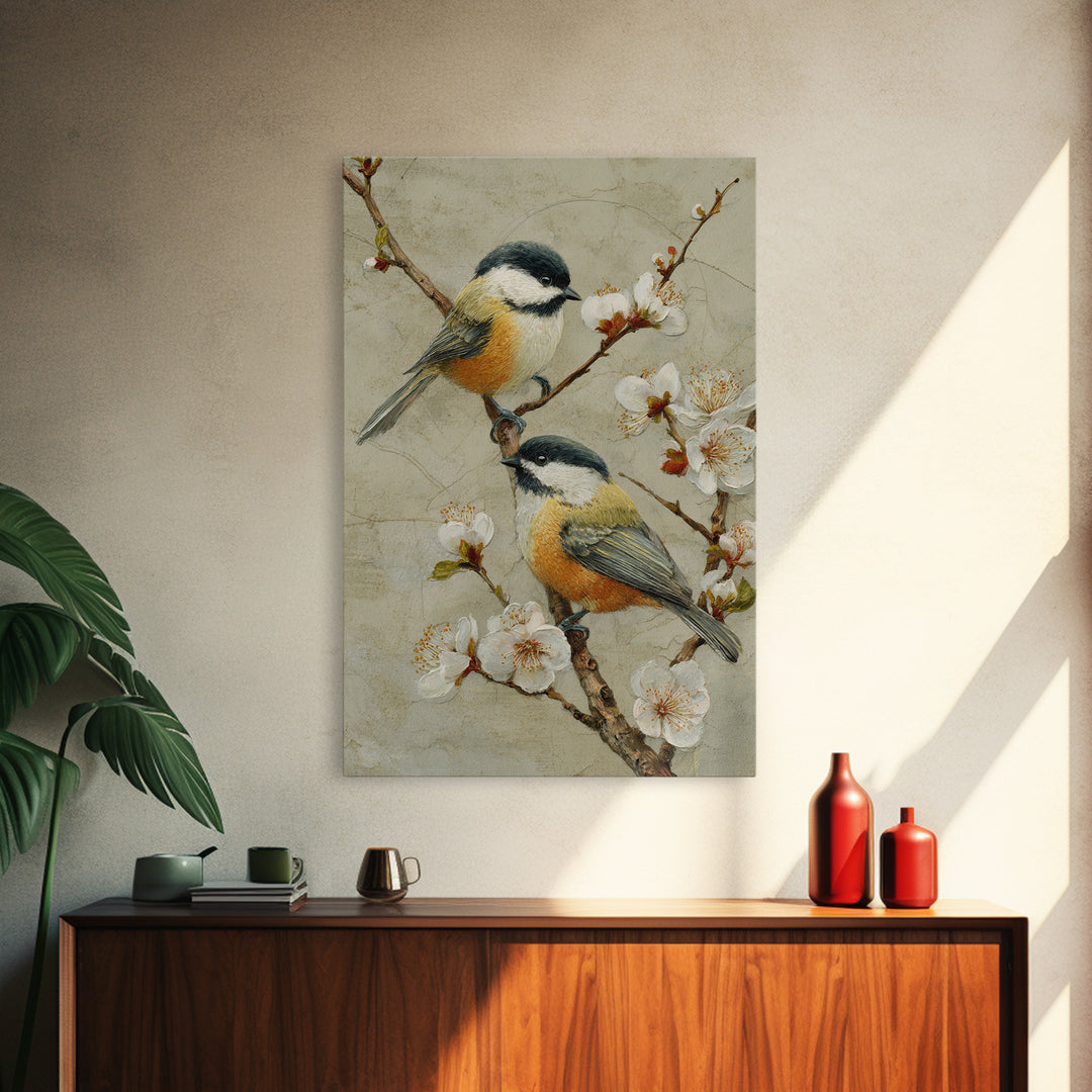 Small Bird Pair on Flowering Branch Framed Canvas Print, Guest Bedroom Art, Cat Wall Art, Bedroom Decor, Fine Art, Guest, GBA-2x3-36