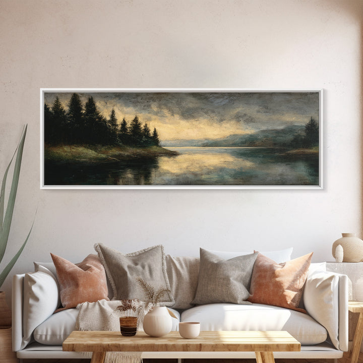 Quiet Lake Landscape at Early Morning Framed Canvas Print, Guest Bedroom Art, Wall Art Prints, Bedroom Decor, Fine Art, Guest, GBA-3x1-18