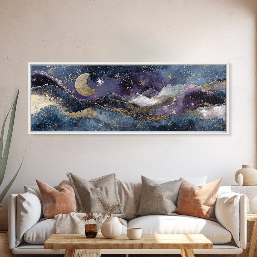 Minimal Moon and Stars Composition Framed Canvas Print, Guest Bedroom Art, New Home, Bedroom Decor, Watercolor Art, Guest, GBA-3x1-32