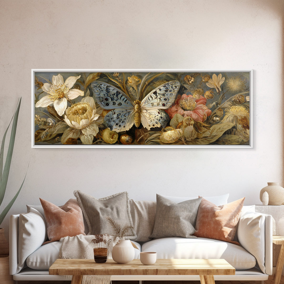 Garden Butterfly and Flowers Specimen Study Canvas Print, Guest Bedroom Art, Fine Art Print, Bedroom Decor, Oil Painting, Guest, GBA-3x1-39