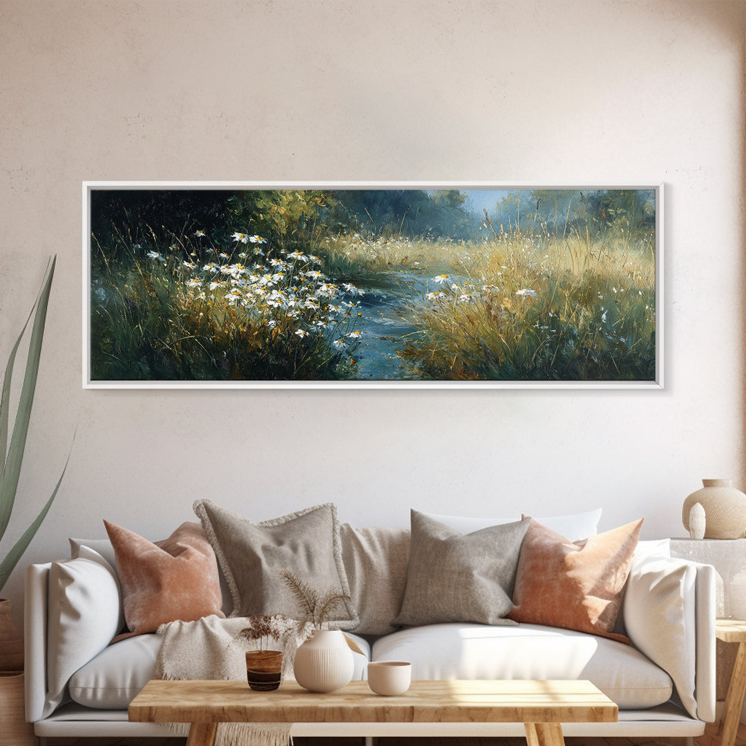 Sunlit Meadow with Delicate Flowers Framed Canvas Print, Guest Bedroom Art, Bedroom Decor, Oil Painting, Guest, GBA-3x1-55