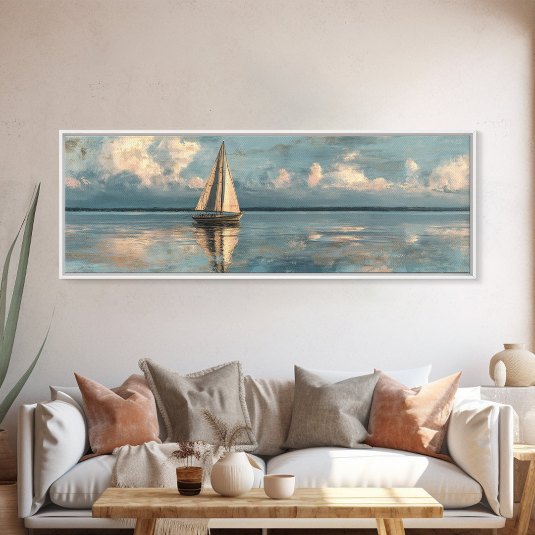 Soft Watercolor Sailboat on Quiet Water Framed Canvas Print, Guest Bedroom Art, New Home Gift, Bedroom Decor, Fine Art, Guest, GBA-3x1-58
