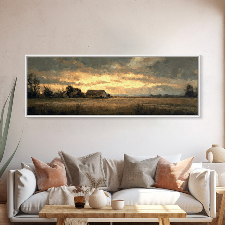 Quiet Horse Pasture at Sunset Canvas Print, Guest Bedroom Art, Farmhouse Wall Decor, Bedroom Decor, Oil Painting, Guest, GBA-3x1-61