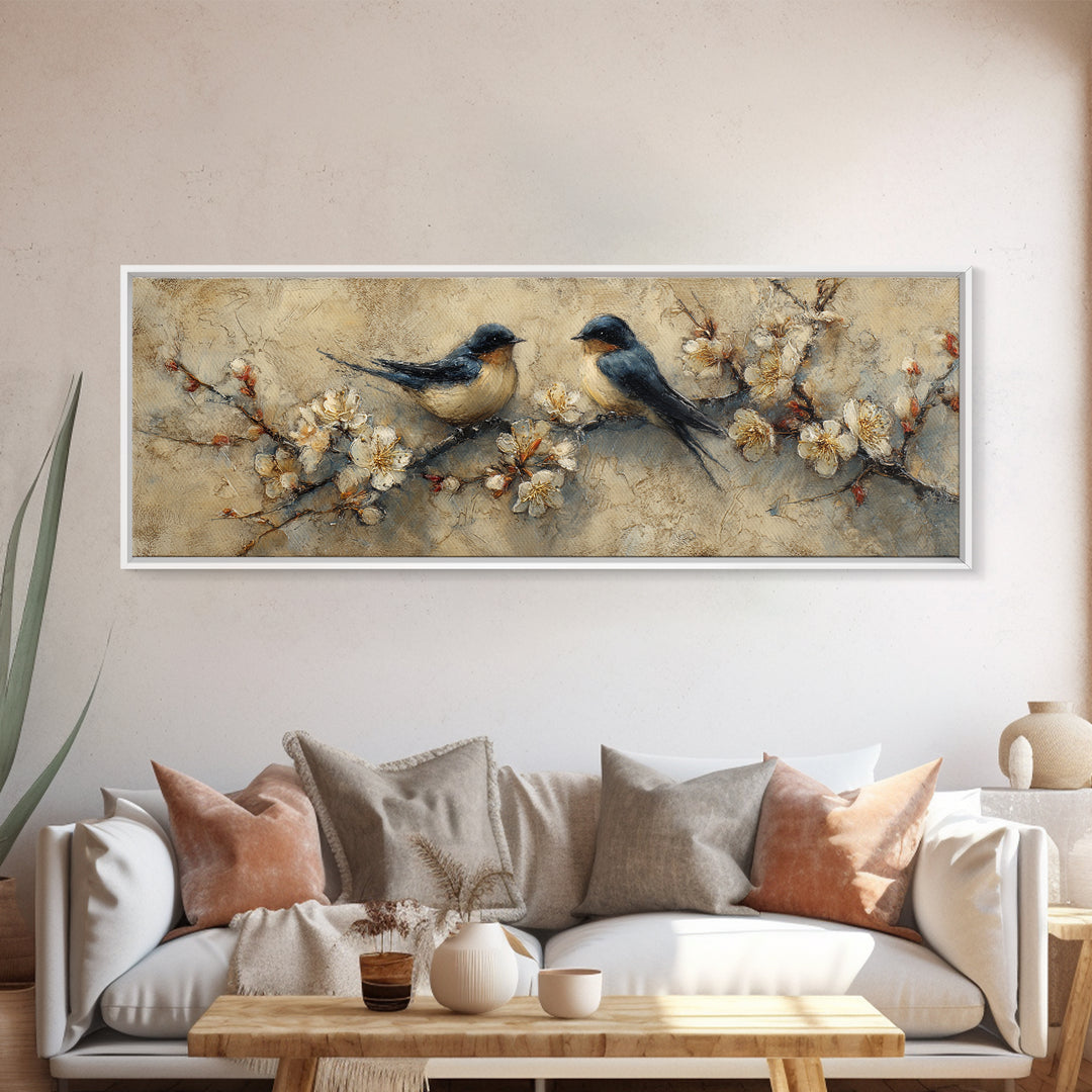 Small Bird Pair on Flowering Branch Framed Canvas Print, Guest Bedroom Art, Contemporary Art, Bedroom Decor, Fine Art, Guest, GBA-3x1-68