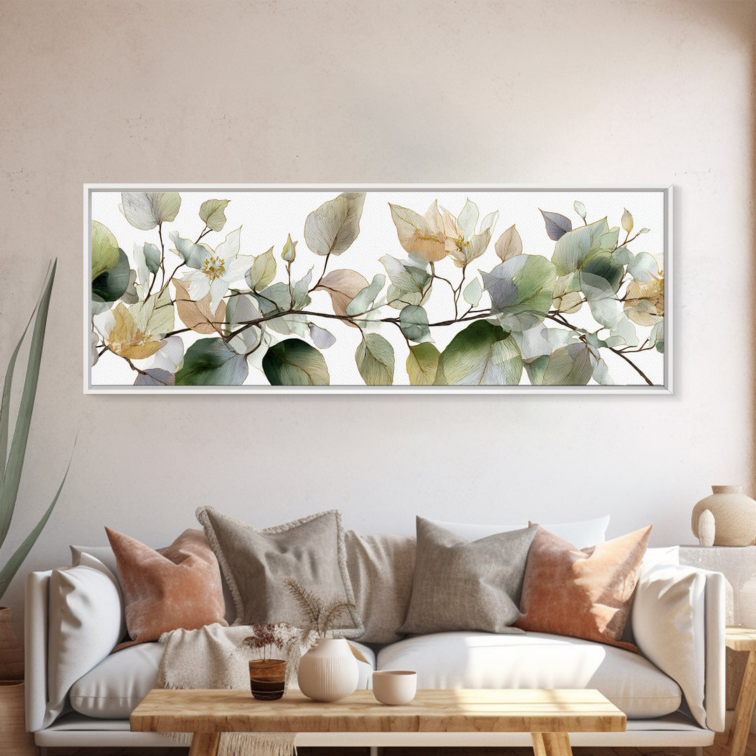 Calming Eucalyptus Watercolor Branches Framed Canvas Print, Guest Bedroom Art, Pink Wall Art, Bedroom Decor, Fine Art, Guest, GBA-3x1-74