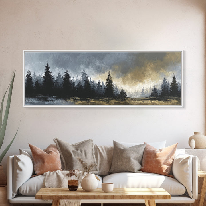 Monochrome Forest Silhouette Framed Canvas Print, Guest Bedroom Art, Bedroom Wall Decor, Bedroom Decor, Oil Painting, Guest, GBA-3x1-77