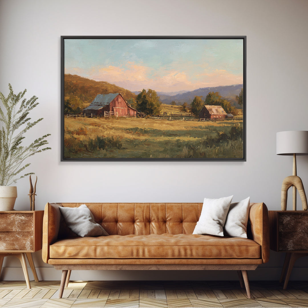 Quiet Horse Pasture at Sunset Framed Canvas Print, Guest Bedroom Art, Living Room Wall Art, Bedroom Decor, Abstract Art, Guest, GBA-3x2-25