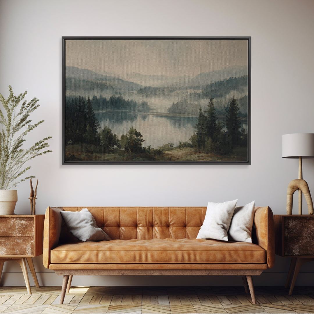 Quiet Lake Landscape at Early Morning Canvas Print, Guest Bedroom Art, Pink Wall Art, Bedroom Decor, Oil Painting, Guest, GBA-3x2-54