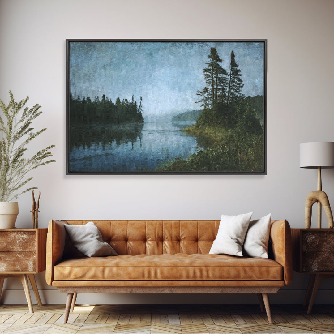 Quiet Lake Landscape at Early Morning Framed Canvas Print, Guest Bedroom Art, Bedroom Decor, Fine Art, Guest, Above Bed Decor, GBA-3x2-6