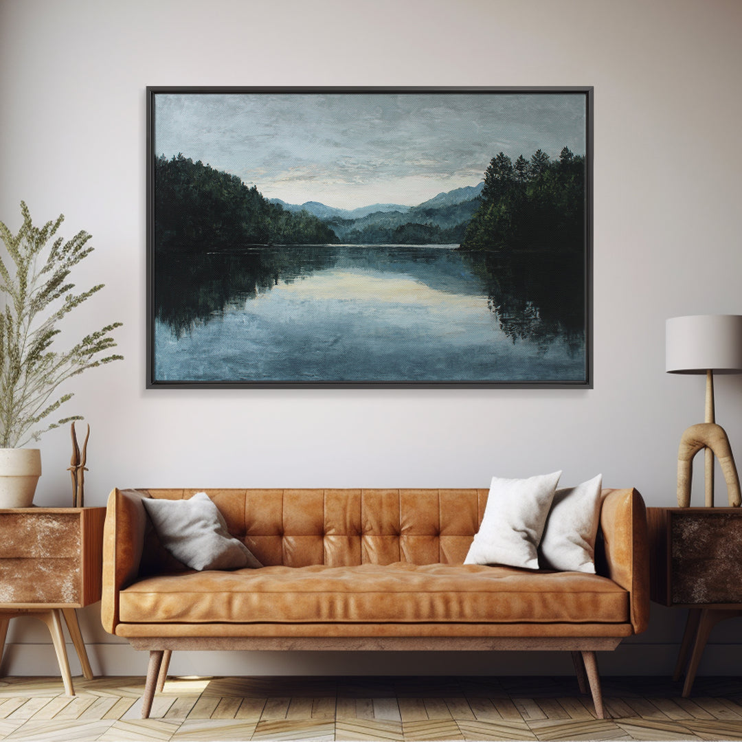 Quiet Lake Landscape at Early Morning Framed Canvas Print, Guest Bedroom Art, Farmhouse Wall Decor, Bedroom Decor, Guest, GBA-3x2-78
