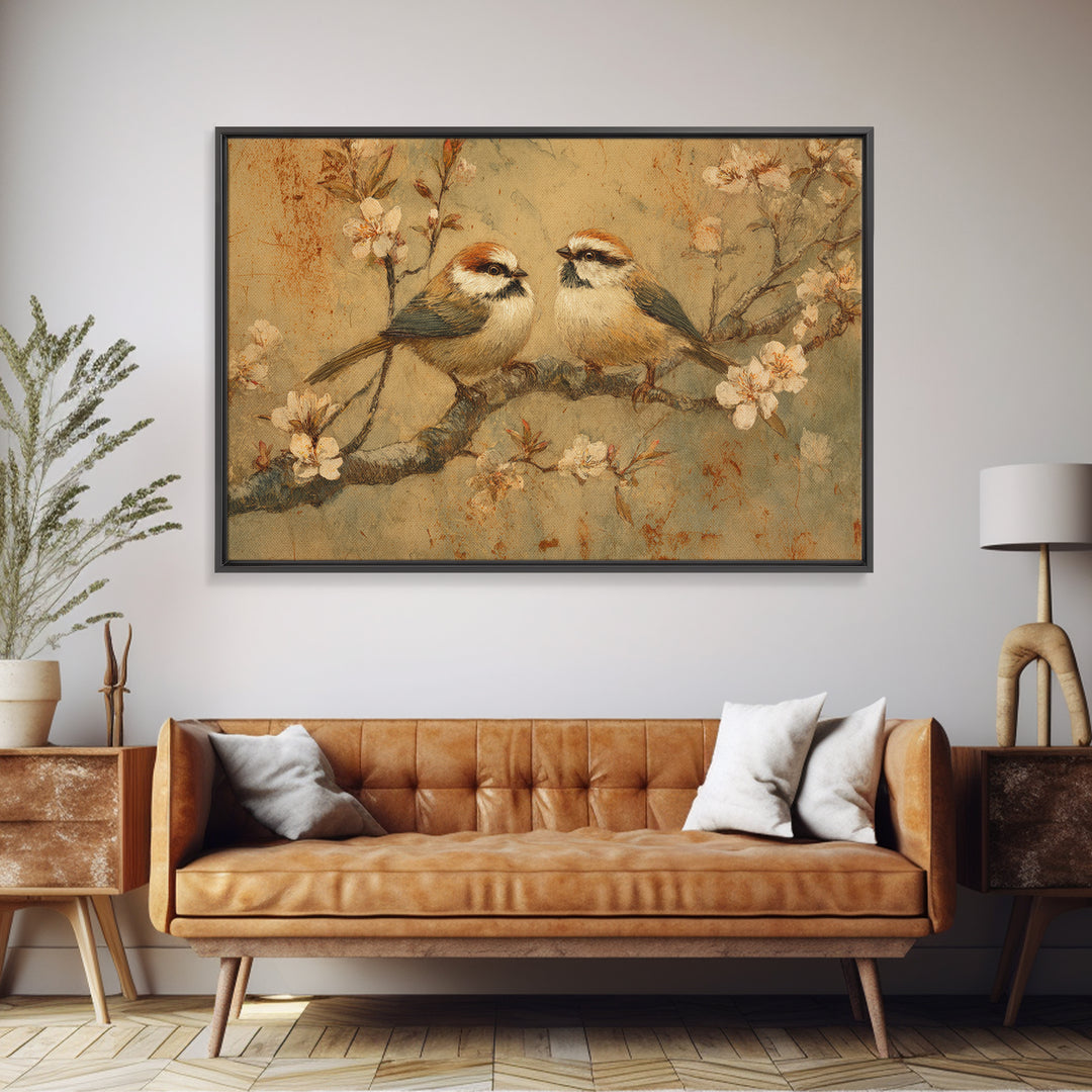 Small Bird Pair on Flowering Branch Framed Canvas Print, Guest Bedroom Art, Statement Artwork, Bedroom Decor, Fine Art, Guest, GBA-3x2-80