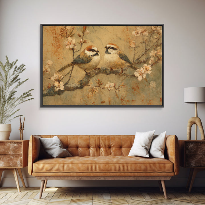Small Bird Pair on Flowering Branch Framed Canvas Print, Guest Bedroom Art, Statement Artwork, Bedroom Decor, Fine Art, Guest, GBA-3x2-80