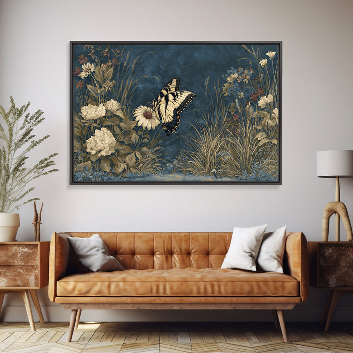 Garden Butterfly and Flowers Specimen Study Framed Canvas Print, Guest Bedroom Art, Minimalist Decor, Bedroom Decor, Guest, GBA-3x2-99