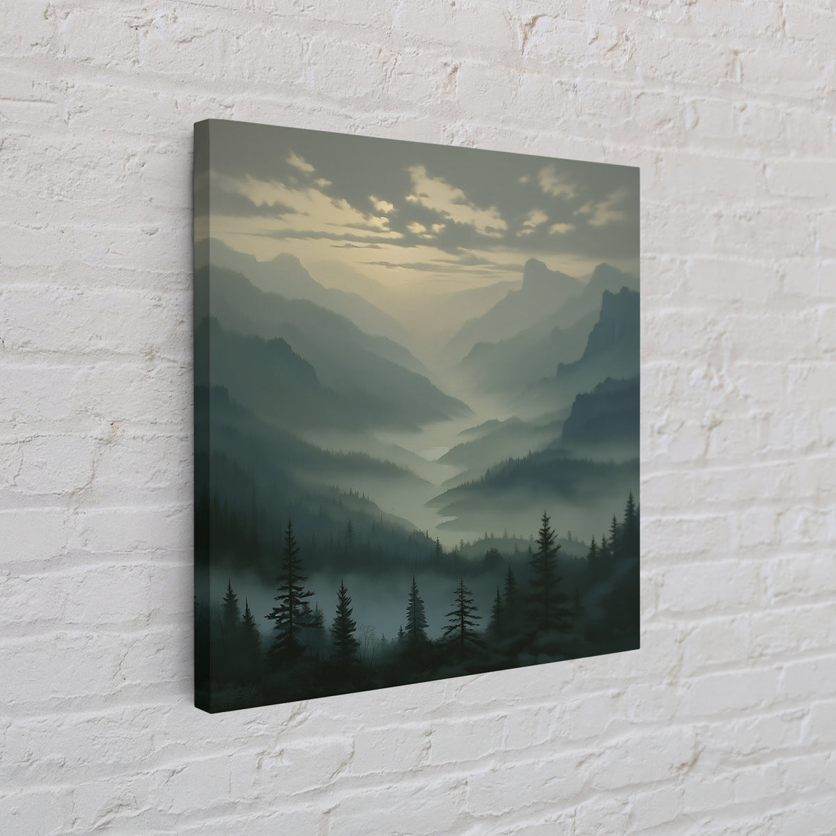 Misty Mountain Valley Framed Canvas Print, General Fine Art, Decor, Living Room Decor, Fine Art, Digital Wall Art, GEN-1x1-28