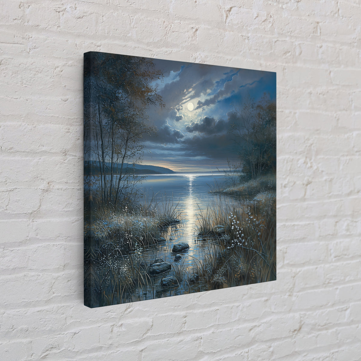 Dreamlike Moonlit Lake Framed Canvas Print, General Fine Art, Boho Decor, Living Room Decor, Fine Art, Wall Decor, GEN-1x1-61
