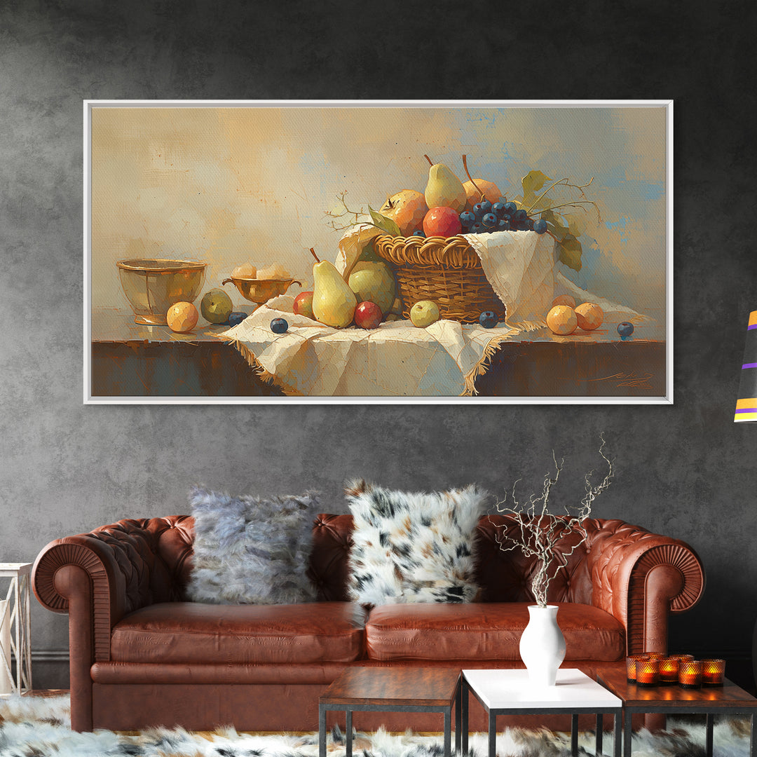 Simple Still Life of Fruit and Linen Framed Canvas Print, General Fine Art, Room Decor, Living Room Decor, Abstract Art, GEN-2x1-12