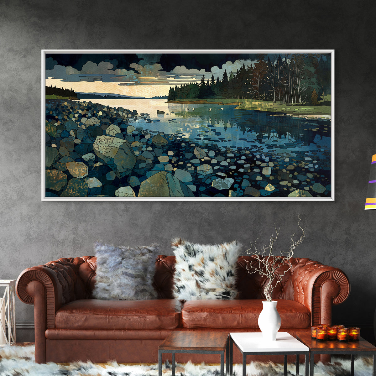 Quiet Abstract River Shape Framed Canvas Print, General Fine Art, Statement Artwork, Living Room Decor, Abstract Art, GEN-2x1-20