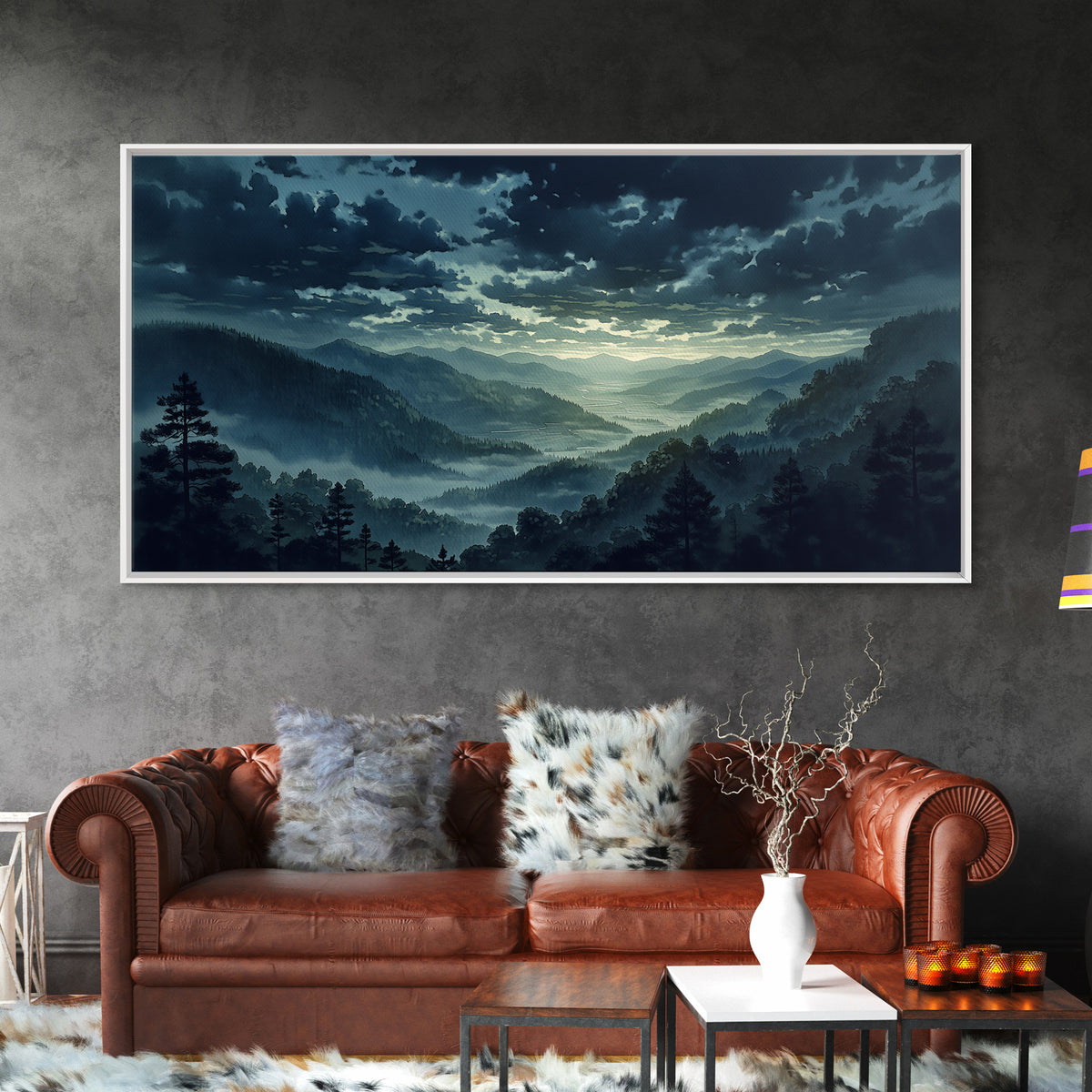 Misty Mountain Valley Framed Canvas Print, General Fine Art, Minimalist Decor, Living Room Decor, Oil Painting, GEN-2x1-24