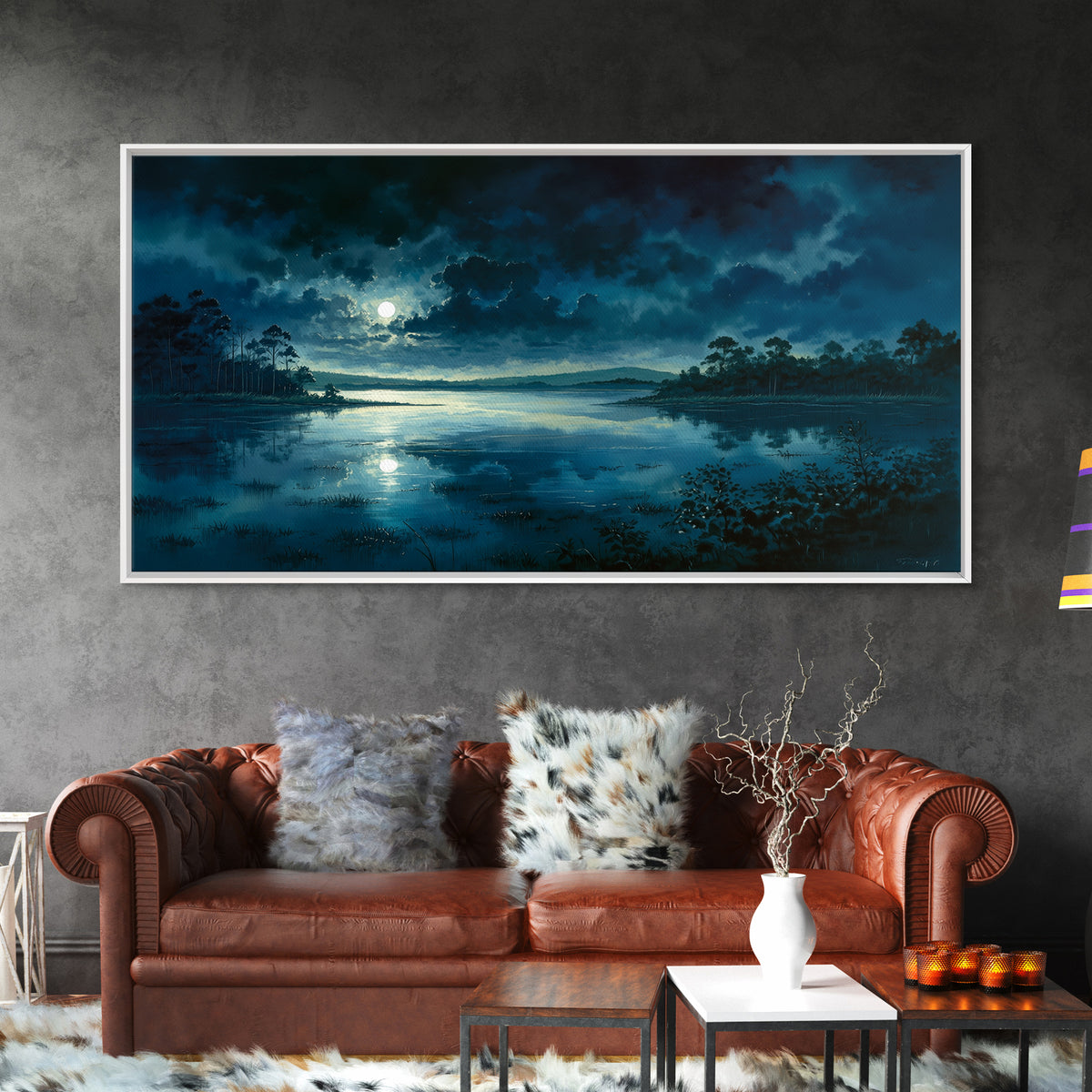 Dreamlike Moonlit Lake Framed Canvas Print, General Fine Art, Art, Living Room Decor, Fine Art, Mid Century Modern, GEN-2x1-33