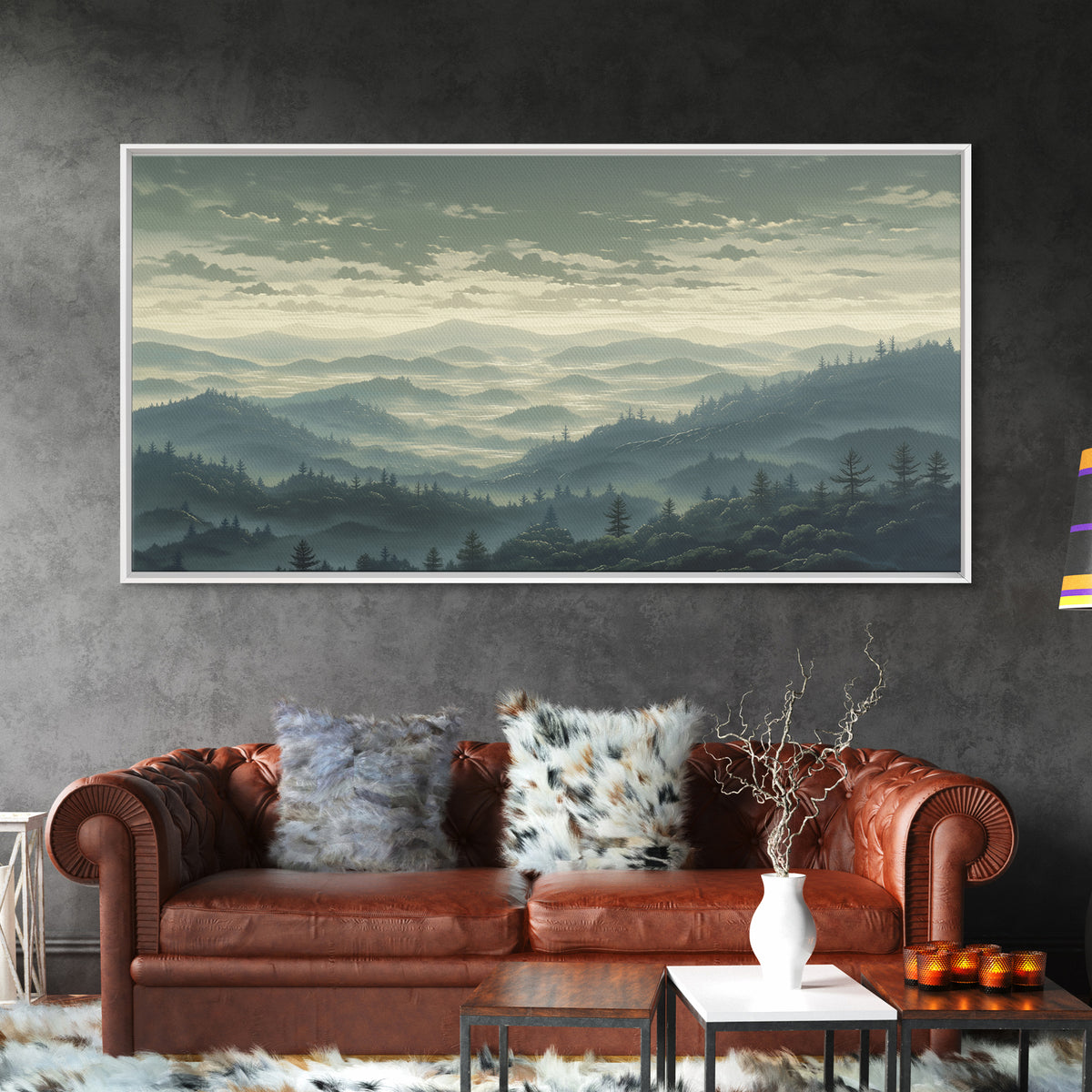 Misty Mountain Valley Framed Canvas Print, General Fine Art, Art Prints, Living Room Decor, Fine Art, Wall Hanging, GEN-2x1-72