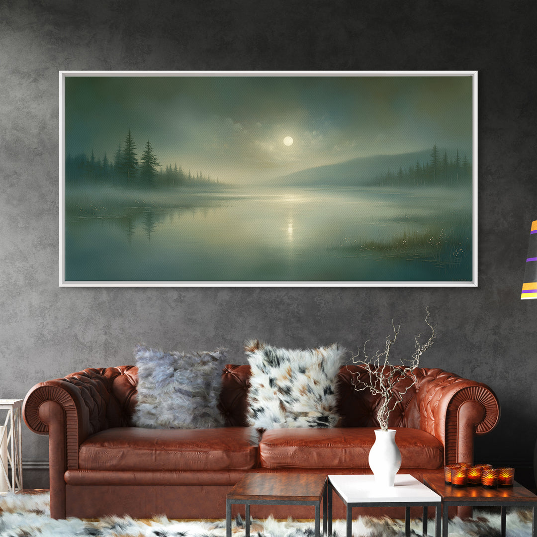 Dreamlike Moonlit Lake Framed Canvas Print, General Fine Art, Wall Art Prints, Living Room Decor, Watercolor Art, GEN-2x1-81