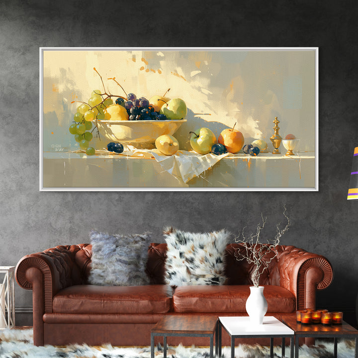 Simple Still Life of Fruit and Linen Framed Canvas Print, General Fine Art, Oil Painting, Living Room Decor, Abstract Art, GEN-2x1-84