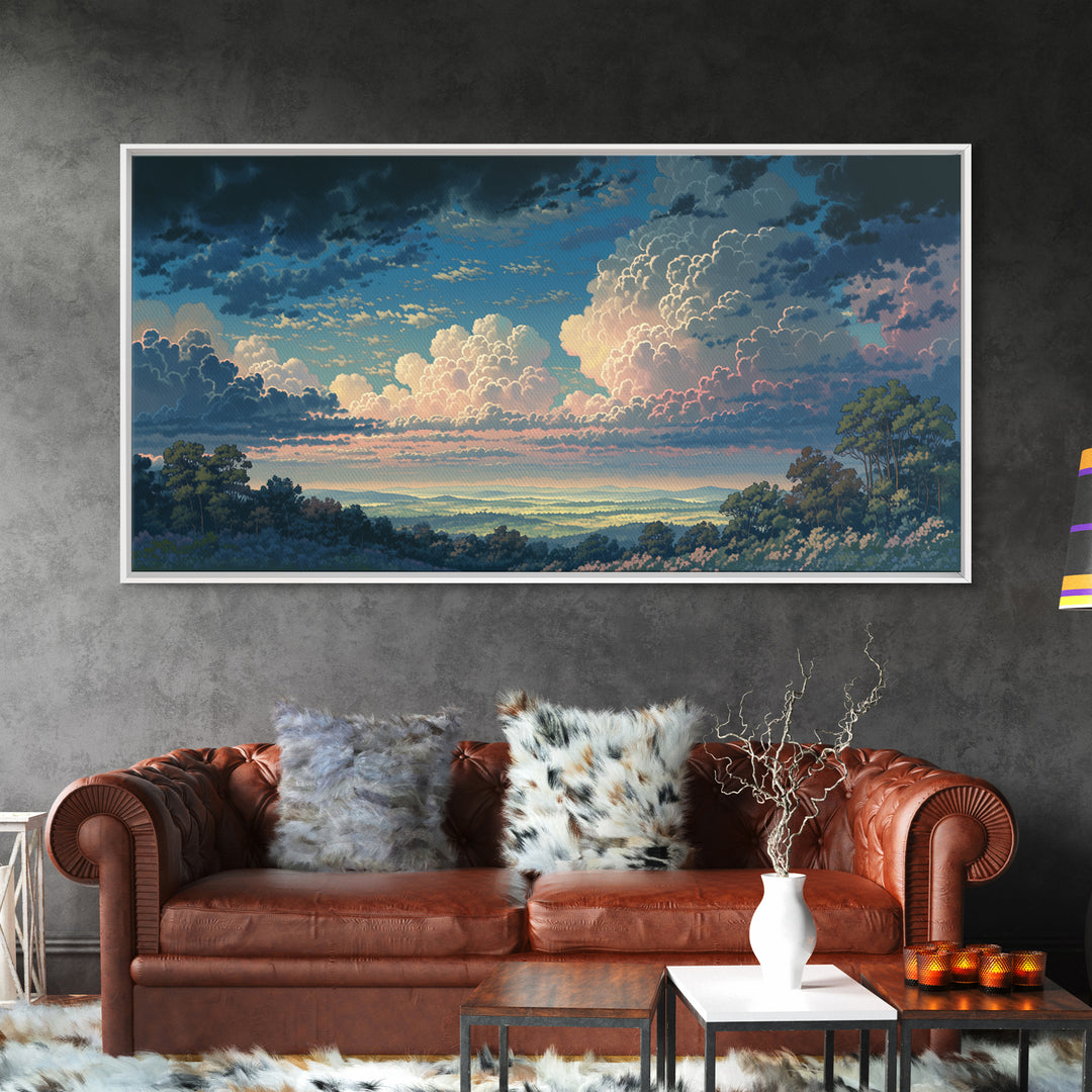 Romantic Cloudscape with Blush and Cream Tones Framed Canvas Print, General Fine Art, Painting, Living Room Decor, Fine Art, GEN-2x1-86