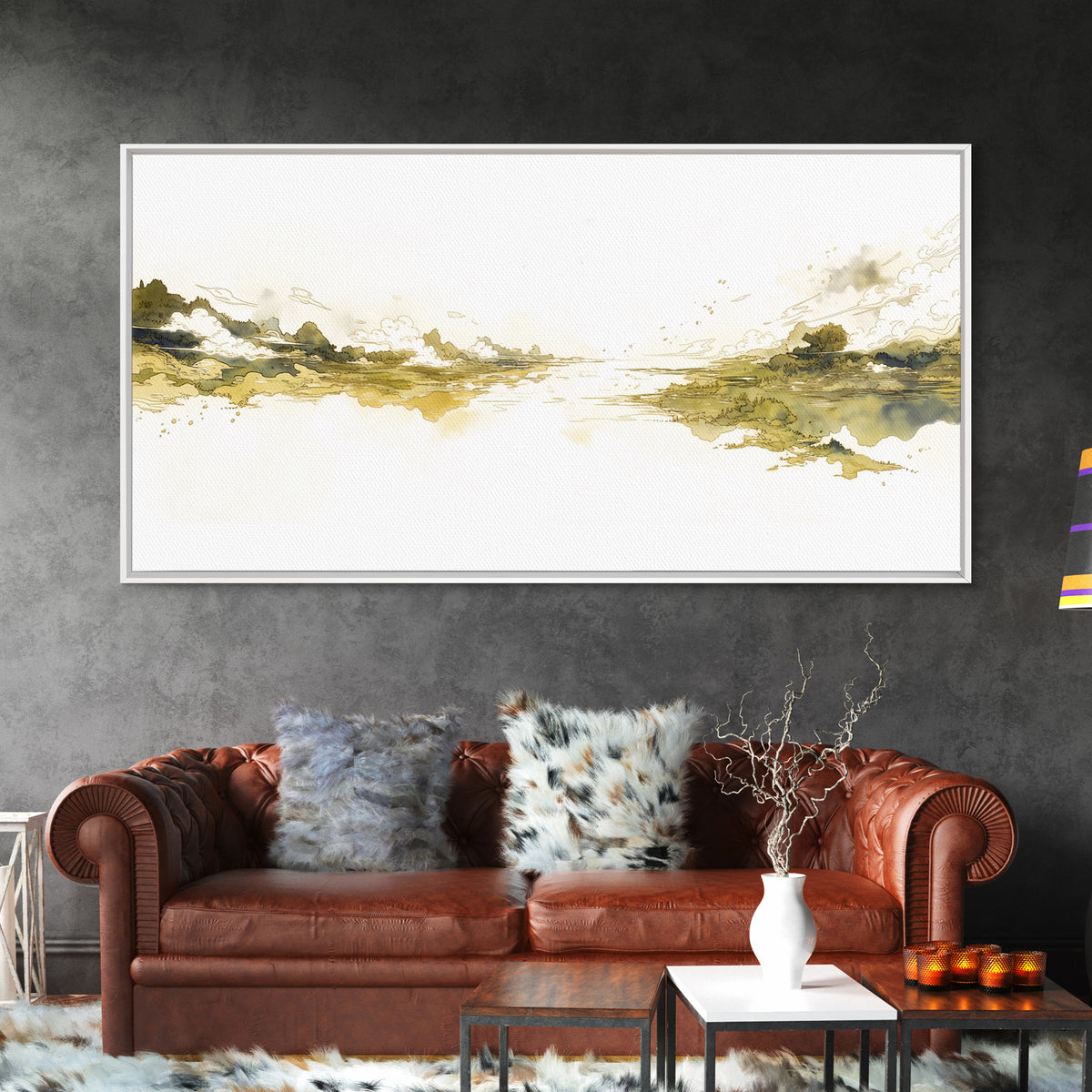 Elegant Ink Wash Landscape Framed Canvas Print, General Fine Art, Printable Wall Art, Living Room Decor, Fine Art, GEN-2x1-88