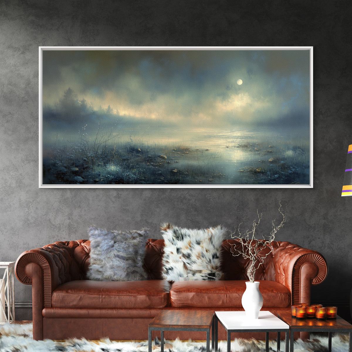 Dreamlike Moonlit Lake Framed Canvas Print, General Fine Art, Art, Living Room Decor, Fine Art, Mid Century Modern, GEN-2x1-9