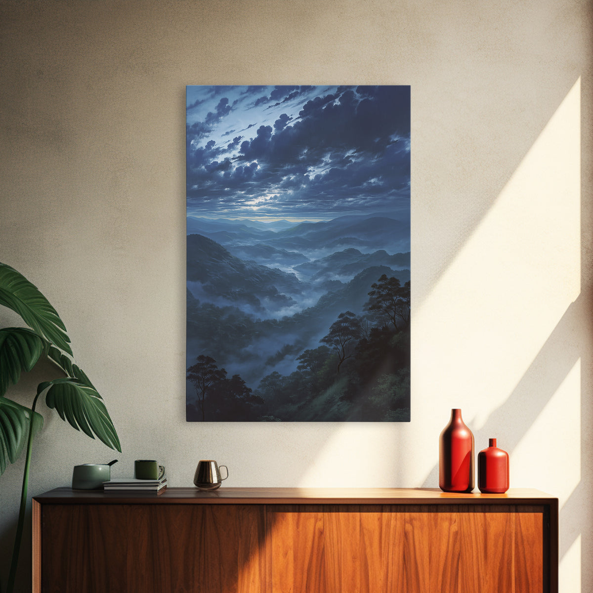 Misty Mountain Valley Framed Canvas Print, General Fine Art, Decor, Living Room Decor, Fine Art, Digital Wall Art, GEN-2x3-12