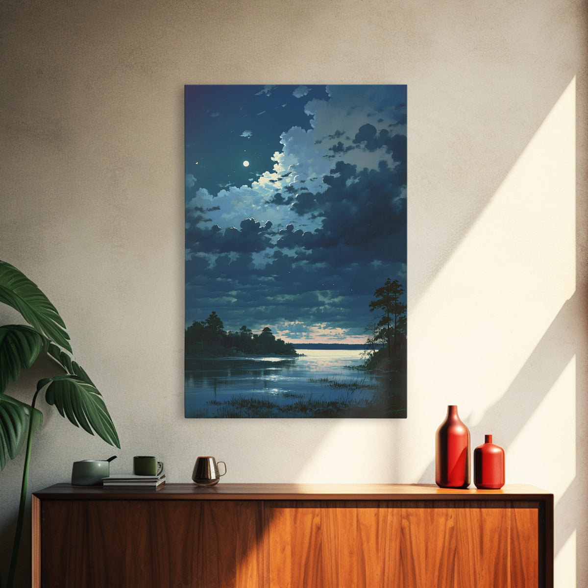 Dreamlike Moonlit Lake Framed Canvas Print, General Fine Art, Decor, Living Room Decor, Fine Art, Digital Wall Art, GEN-2x3-21