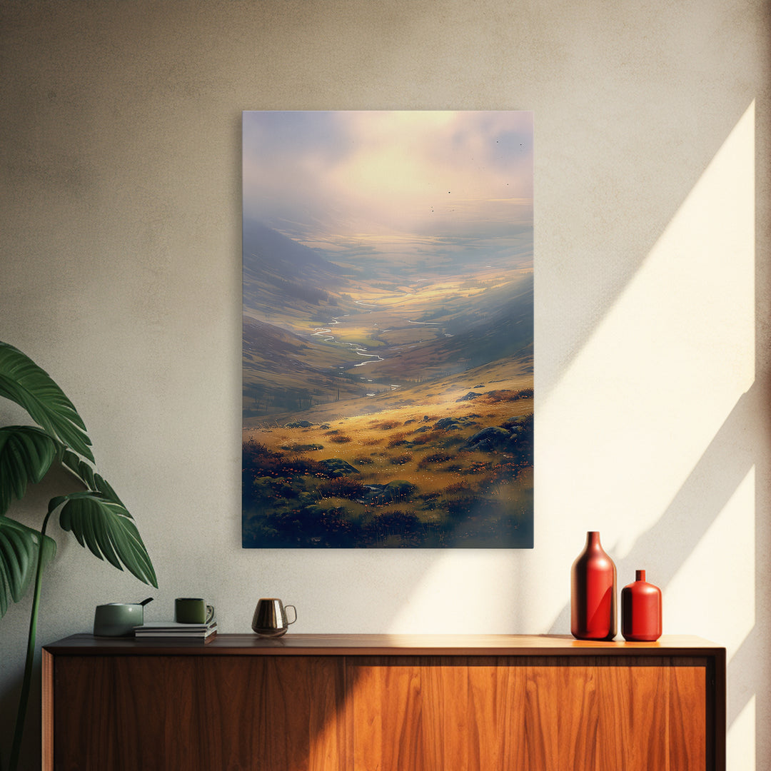 Misty Mountain Valley Framed Canvas Print, General Fine Art, Digital Print, Living Room Decor, Watercolor Art, GEN-2x3-36