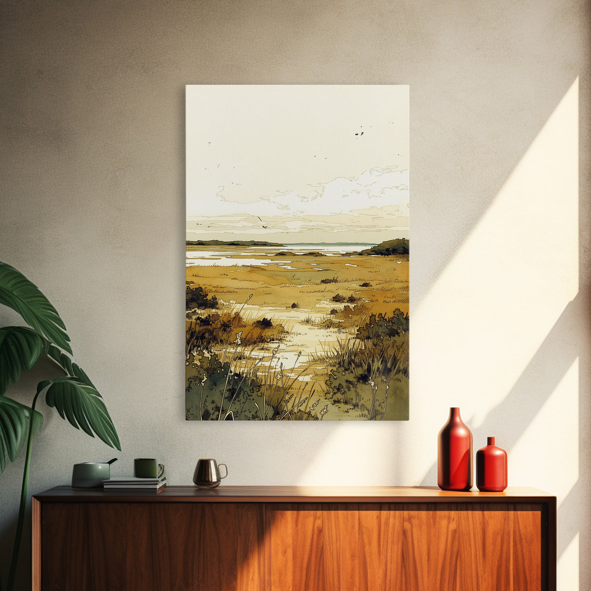 Elegant Ink Wash Landscape Framed Canvas Print, General Fine Art, Contemporary Art, Living Room Decor, Fine Art, GEN-2x3-4