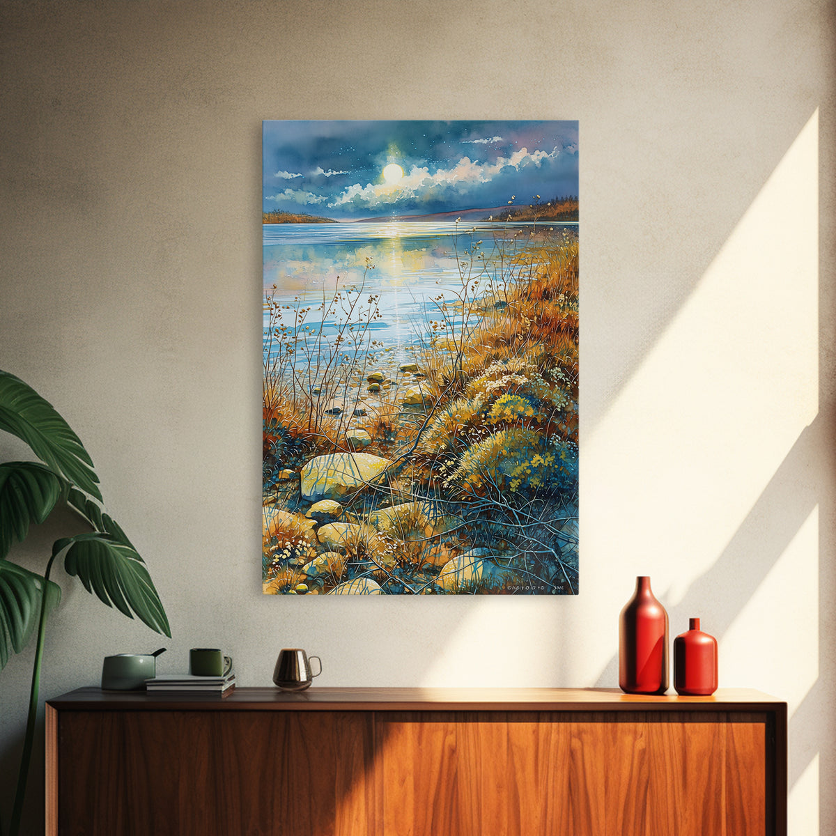 Dreamlike Moonlit Lake Canvas Print, General Fine Art, Printable, Living Room Decor, Oil Painting, Framed Wall Art, GEN-2x3-45