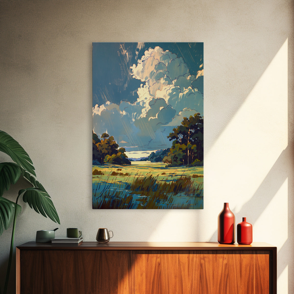 Sunlit Meadow with Loose Impressionist Brushwork Framed Canvas Print, General Fine Art, Poster, Living Room Decor, Fine Art, GEN-2x3-46