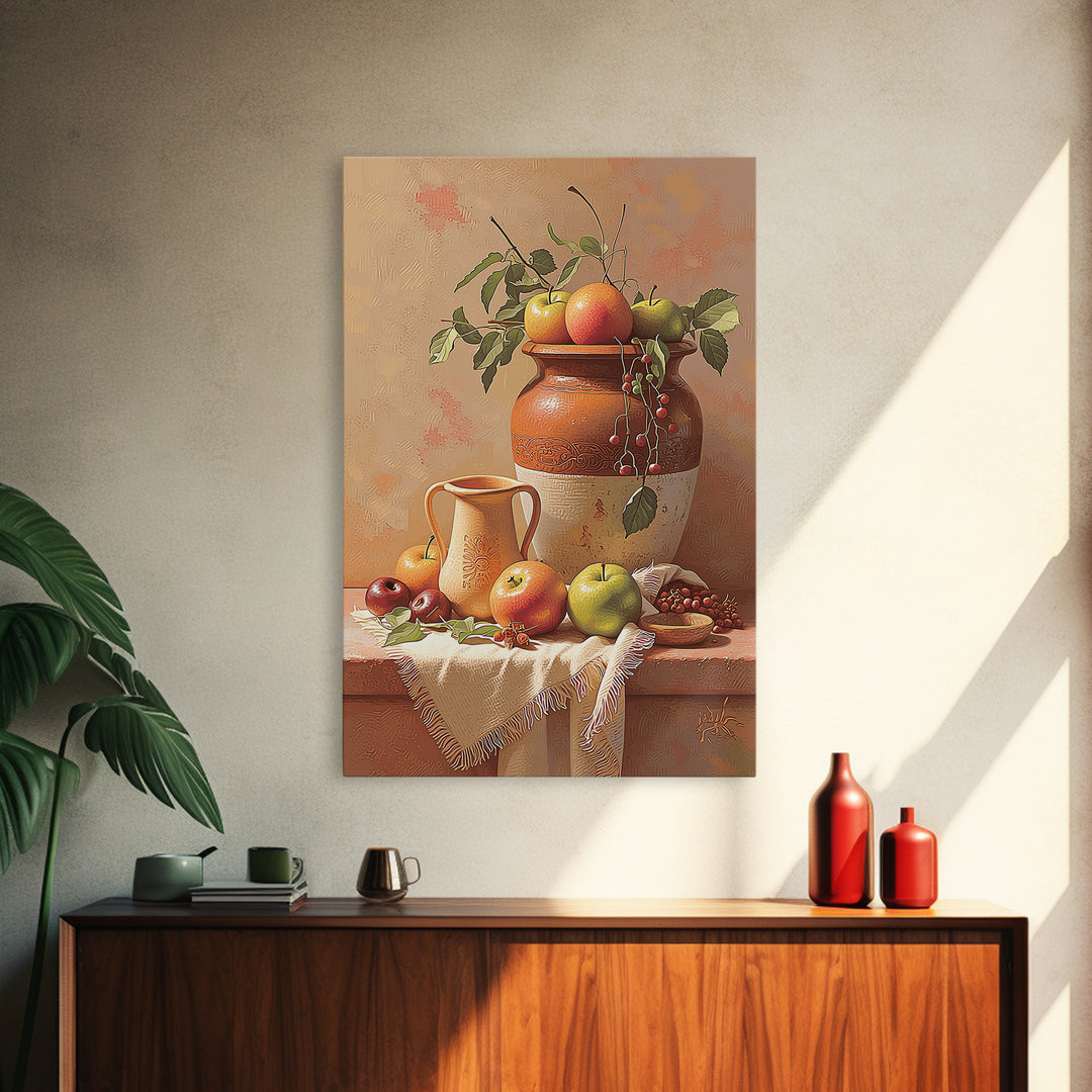 Simple Still Life of Fruit and Linen Framed Canvas Print, General Fine Art, Home Decor, Living Room Decor, Abstract Art, GEN-2x3-48