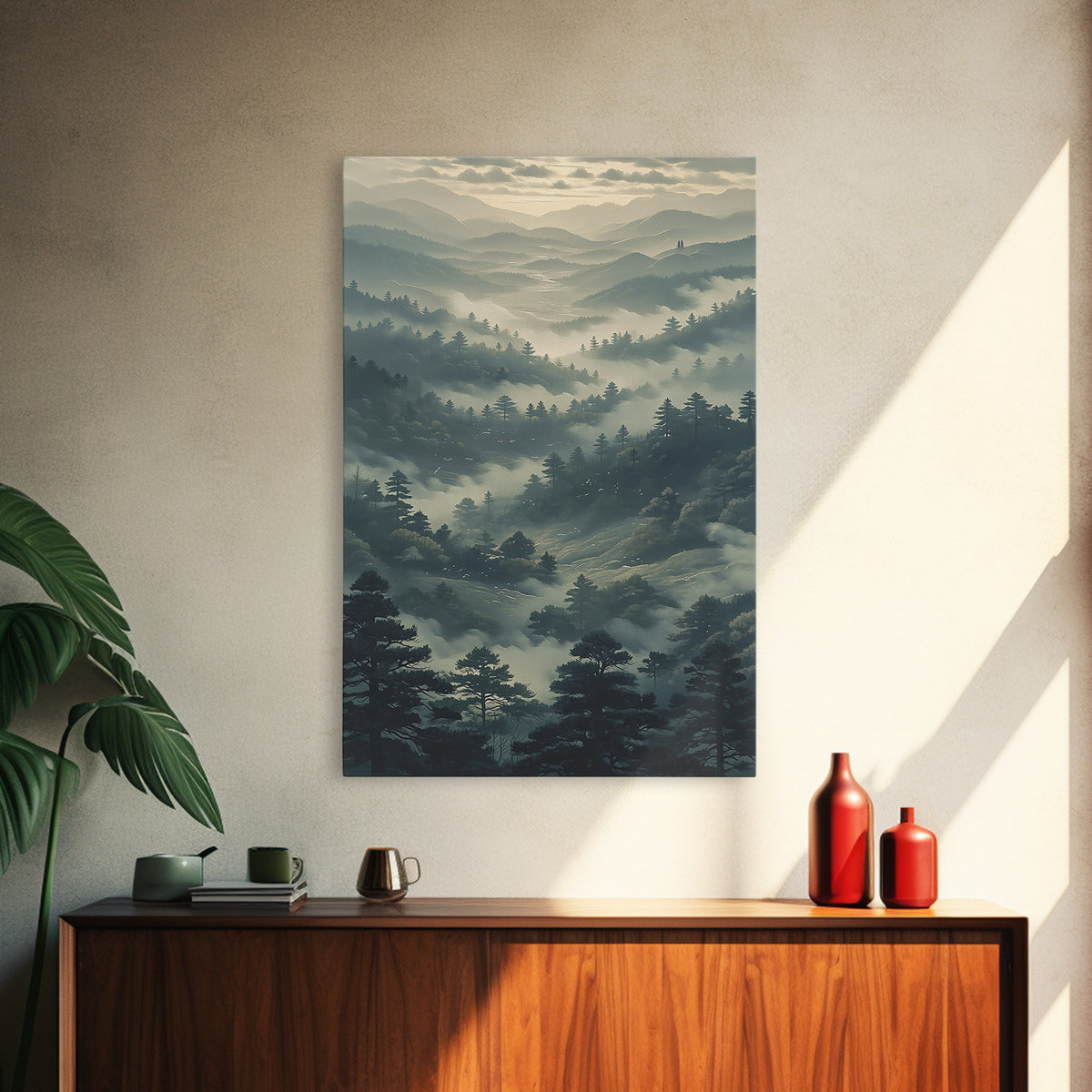 Misty Mountain Valley Framed Canvas Print, General Fine Art, Art Prints, Living Room Decor, Fine Art, Wall Hanging, GEN-2x3-60